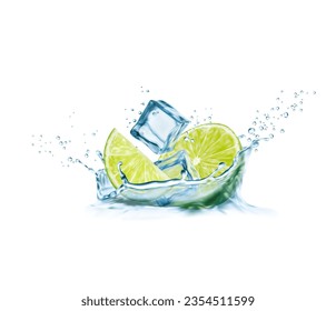 Bebida de limonada de Mojito. Agua de Corona salpicada de cal, hojas y cubos de hielo. Bebida de mojito refrescante, bebida de verano limonada o cóctel con icecube, salpicadura vectorial de agua pura y goteo