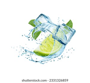 Bebida de Mojito o limonada. Bañar agua salpicada de cal, hojas y cubos de hielo. 3 quinquies de cítricos vectoriales, de menta, de gotas y de bloques congelados. Flujo líquido realista, té, bebida refrescante de cóctel