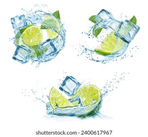 Bebida de Mojito o limonada. Bañar agua salpicada de cal, hojas y cubos de hielo. 3 d torbellino vectorial con rodajas de cítricos, gotas y bloques congelados. Té líquido realista, refresco de cócteles y flujo de bebidas