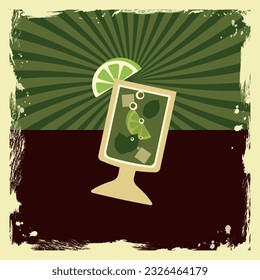 Mojito with lime in flat retro style. Cold drinks promotional vintage poster. Vector nostalgia