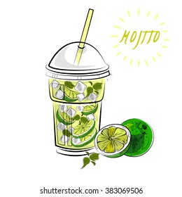 Mojito, lime and mint. Mojito to go. Sketch illustration. Isolated vector.