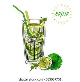 Mojito, lima y menta. Mojito para llevar. Ilustración de boceto. Vector aislado.