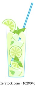 Mojito with lime slices, ice cubes and mint in a tall glass Vector isolated object on a transparent background.