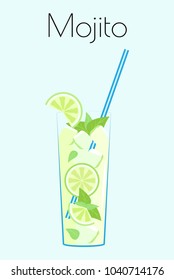 Mojito with lime slices, ice cubes and mint in a tall glass. Vector illustration on a light blue background with the name.