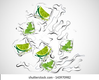 Mojito with limes, mint and ice cubes