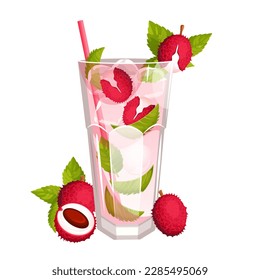 Mojito with lychee.Refreshing alcoholic cocktail with lychee fruits, mint, ice.Vector illustration.