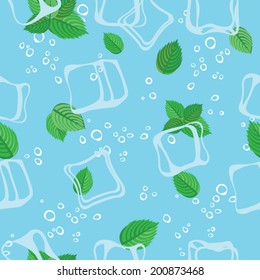 Burbujas de menta de mojito y hielo cubos azul transparente patrón vectorial sin costura. Mohito de menta y cóctel de hielo.