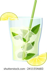 Mojito mint drink concept with lemon piece icon, delicious alcoholic beverage, taste refreshment cartoon vector illustration, isolated on white. Glass cup with straw, green leaf peppermint.