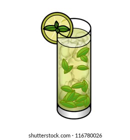 A mojito with mint leaves and a slice of lime.