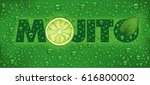 mojito name with lime slice, mint leaf and many water drops