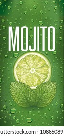 mojito name with lime slice, mint leaf and many water drops