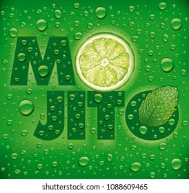 mojito name with lime slice, mint leaf and many water drops