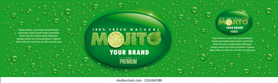 mojito name with lime slice, mint leaf and many water drops, packaging label