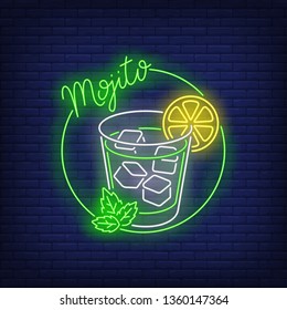 Mojito neon text, drink glass, ice cubes, lemon and mint. Cocktail bar design. Night bright neon sign, colorful billboard, light banner. Vector illustration in neon style.