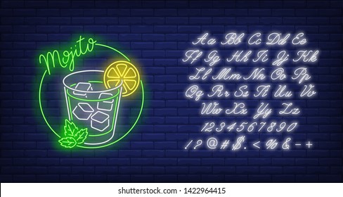 Mojito neon text, drink glass, ice cubes, lemon and mint. Cocktail bar design. Night bright neon sign, colorful billboard, light banner. Vector illustration in neon style.