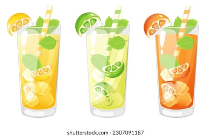 Mojito, orange and lemon lemonade cartoon illustration. Different cold drinks set.