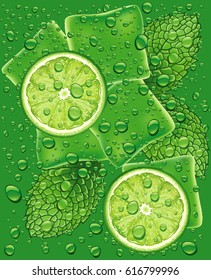 mojito pattern with lime slice, mint leaf and many water drops