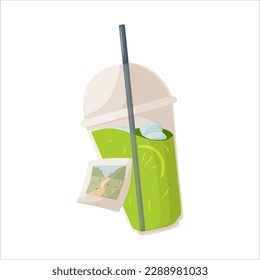 Mojito in plastic cup with tube for drinking. Alcohol or non-alcoholic cocktail. 