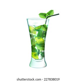 Mojito realistic cocktail in glass with lime mint and drinking straw isolated on white background vector illustration