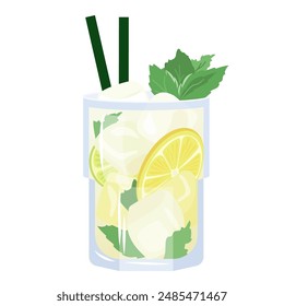 Mojito realistic cocktail in glass with lime, ice, mint leaves and drinking straw. Vector illustration summer beach cocktail isolated on white background.