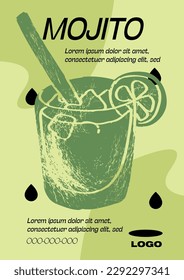 Mojito Rezept mit Zutat. Sommeraperitif mit Eis, Limette. Grafik für alkoholfreies Getränk. Minimalistischer zeitgenössischer vertikaler Druck. Vektorgrafik