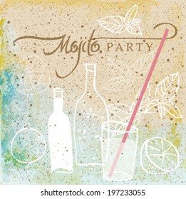 MOJITO / Retro card with summer drink on the sandy beach  