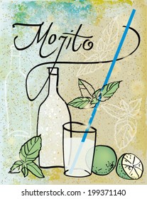 MOJITO / Retro card with summer drink on the sandy beach  