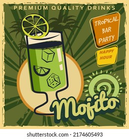 Mojito Retro poster design. Cocktail lounge vintage background, scratched old textured paper