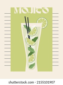 Mojito. Retro posters with alcohol cocktails. 90s 80s 70s groovy posters. Modern trendy print. Drink with fruit and ice. Flat cocktails with decorative elements. Vector illustration