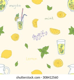 Mojito seamless hand-drawn vector pattern