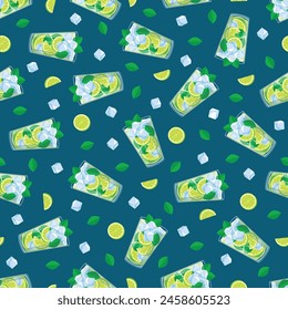 Mojito seamless pattern with glasses of drink, lime slices, ice cubes and mint leaves. Citrus refreshment background. Texture for wallpaper, textile, fabric, home decor