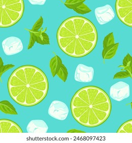 Mojito seamless pattern. Lime, mint leaves and ice cubes on a blue background. Vector cartoon illustration.