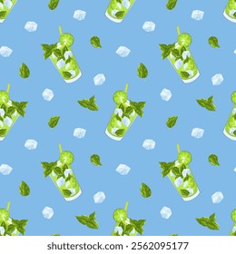 Mojito seamless pattern. Lime, mint leaves and ice cubes on a blue background. Vector cartoon illustration. Bright summer background for restaurants, cafe, menu. Refreshing cocktail, soda, lemonade