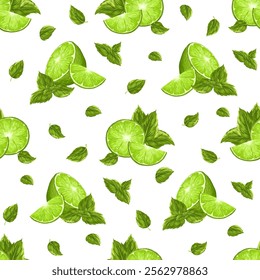 Mojito seamless pattern. Lime, mint leaves on white background. Vector cartoon illustration. Citrus fruit composition. Bright summer print. Fresh lemonade, drinks, cocktail ornament