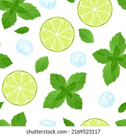 Mojito sin fisuras. Fondo vectorial con hojas de menta verde, cubos de hielo y lonchas de cal aisladas en blanco. Dibujo plano de caricatura.