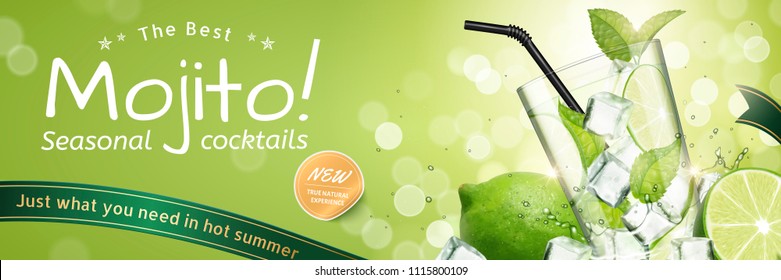 Mojito seasonal cocktails ads with refreshing fruit and ice cubes on green glitter bokeh background, 3d illustration