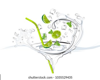Mojito splash with limes, mint and ice cubes