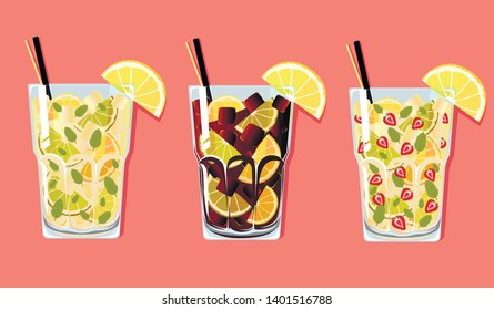 mojito and strawberry mojito and cuba libre cocktails drink set vector illustration