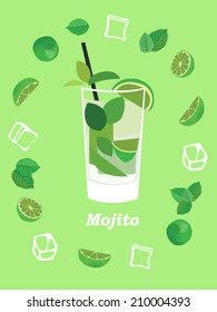 Mojito vector illustration for poster. Illustration with glass of mojito with ice cube, lime and mint leaves. Flat image of mojito.