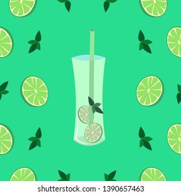 Mojito vector pattern. Cocktail, mint, lime on a green background. Bar design, menu.

