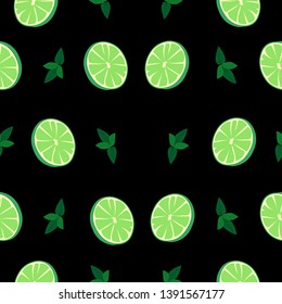 Mojito vector pattern. Cocktail, mint, lime on a black background. Bar design, menu.
