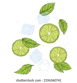 Mojito vector stock illustration. Fresh alcoholic cocktail. Soda, lime, ice cubes, mint leaves in a glass glass. Isolated on a white background.