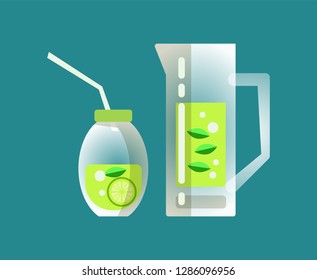 Mojito water vector, cocktail with sliced lime and mint leaves. Compote poured with in glass and jar with straw. Fruits soda beverage fresh drink