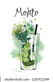 Mojito. Ilustración acuarela de cócteles. Esbozo dibujado a mano