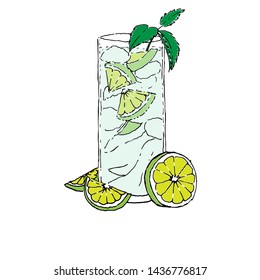 MojitoCocktail Color Digital drawing vector illustration. Glass on white isolated background