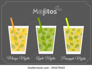 Mojitos set. Summer variations of mojito. Apple, mango, pineapple mojitos. Element of menu on the blackboard.