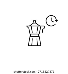 Moka cafetera y reloj. Café y elaboración de cerveza en casa. Icono de Vector de trazo perfecto y editable