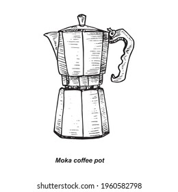 Moka coffee pot, gravure style ink drawing illustration with handwritten inscription