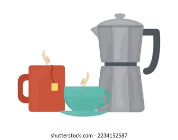 moka with coffee and tea mugs