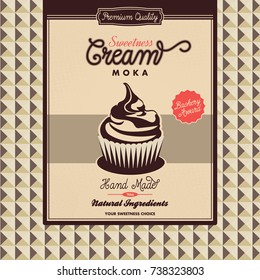 Moka Cupcakes Template Muffin Bakery Brochure Shop Menu Design Restaurant Banner with Illustration of Fresh Sweet Small Cake on Stylish Vintage Cream Background
